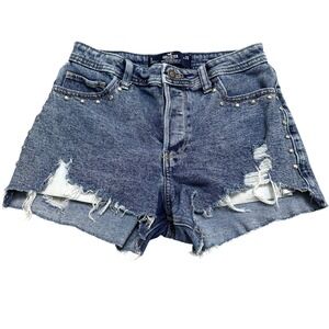 Hollister High Rise Mom Jean Shorts 3" Studded‎ Distressed Denim W26 Grunge Y2K